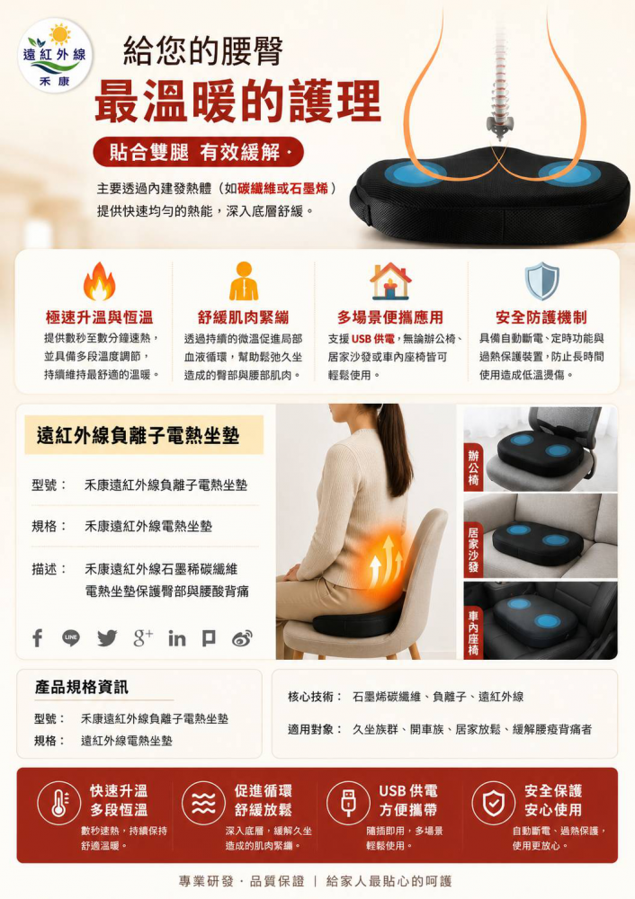 禾康遠紅外線石墨稀碳纖維電熱坐墊保護臀部與腰酸背痛